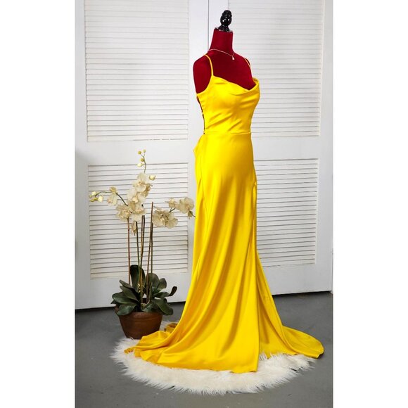 NWT Ellie Wilde Mon Cheri Sunflower Yellow Satin Long Prom Dress Size 16 1751 - Picture 3 of 16